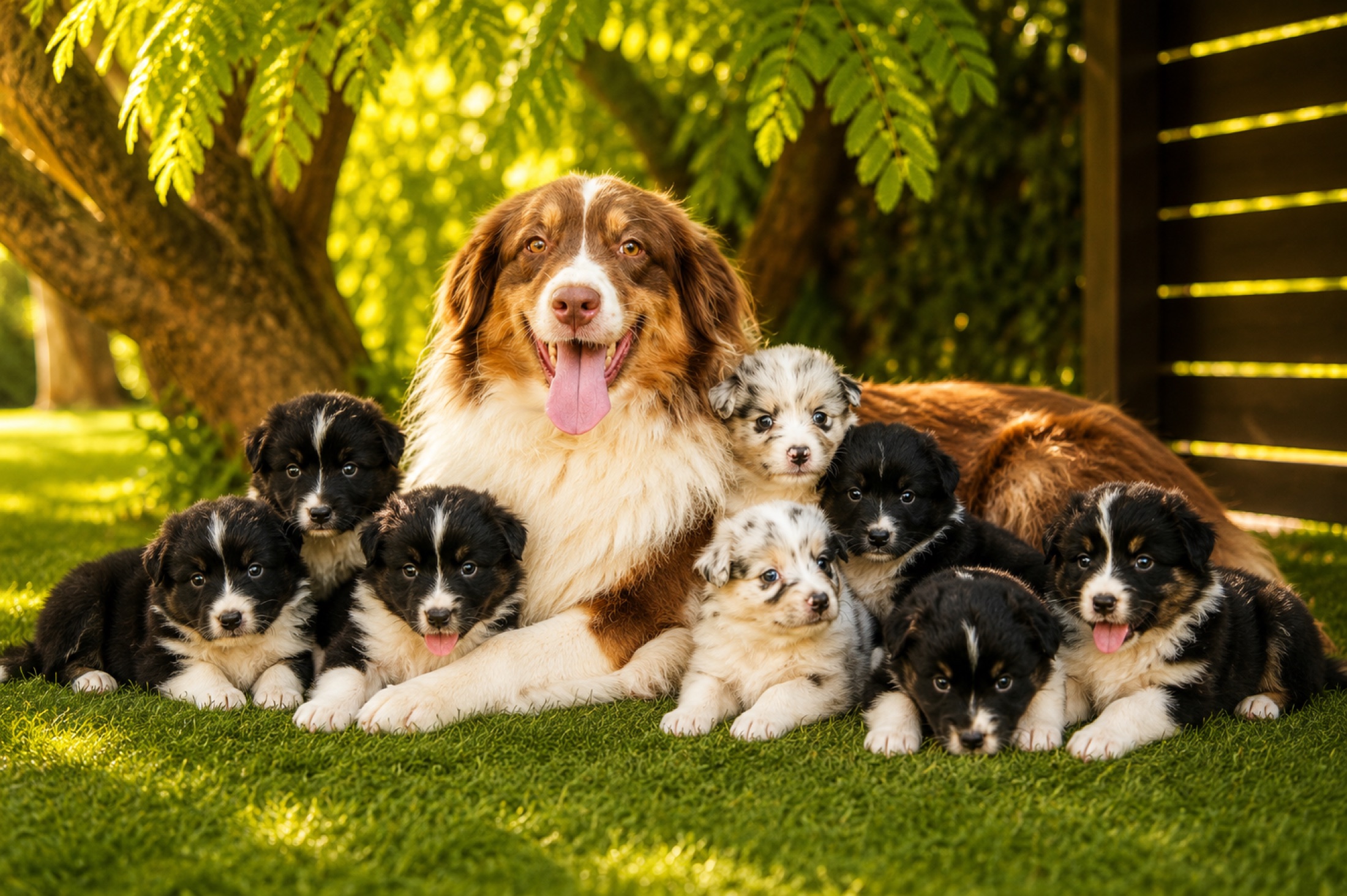 Maura, la madre Pastor Australiano, con sus cachorros en el jardín de Casachata