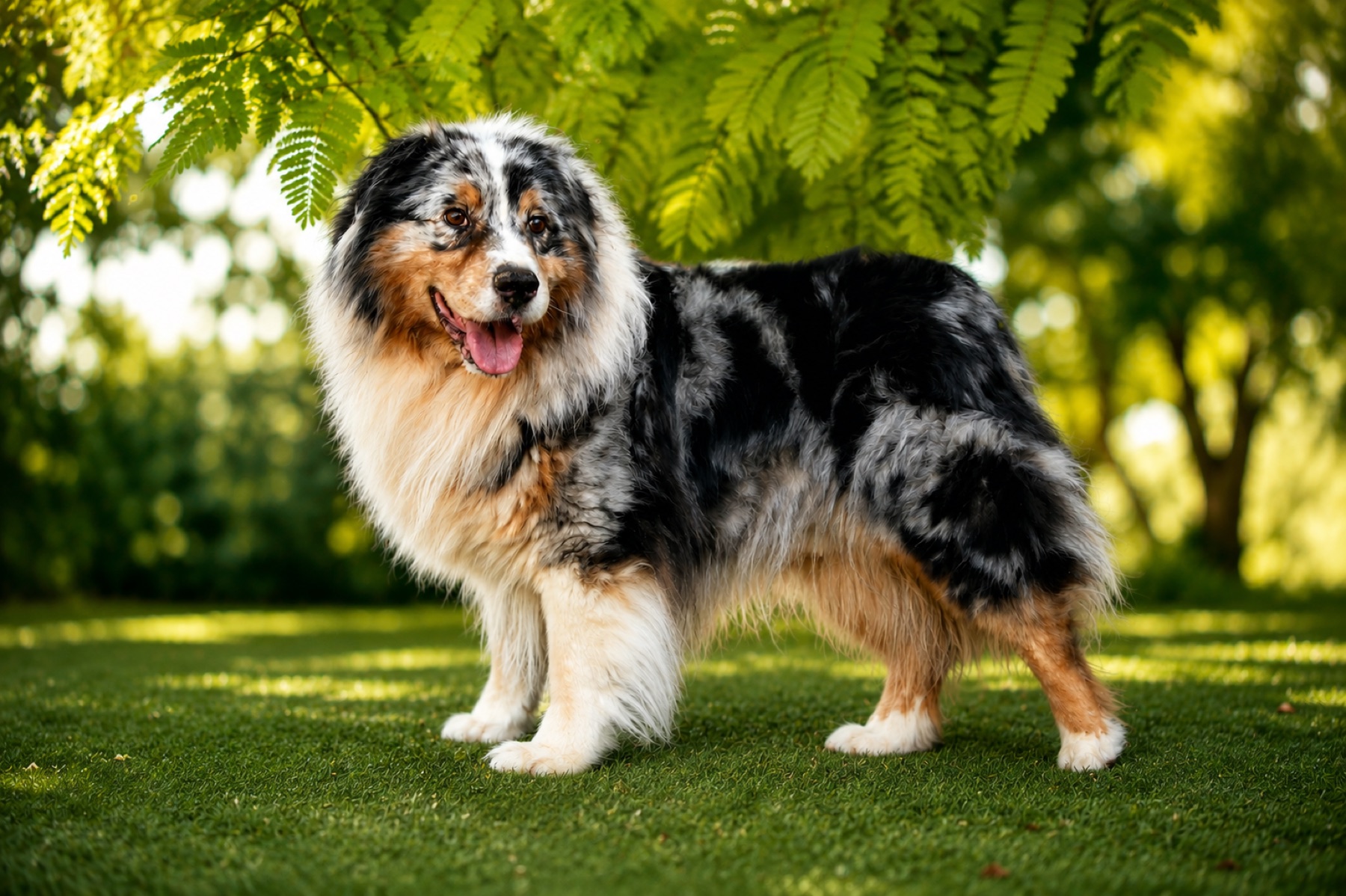 Lobo, el padre Pastor Australiano azul merle, de pie en el jardín